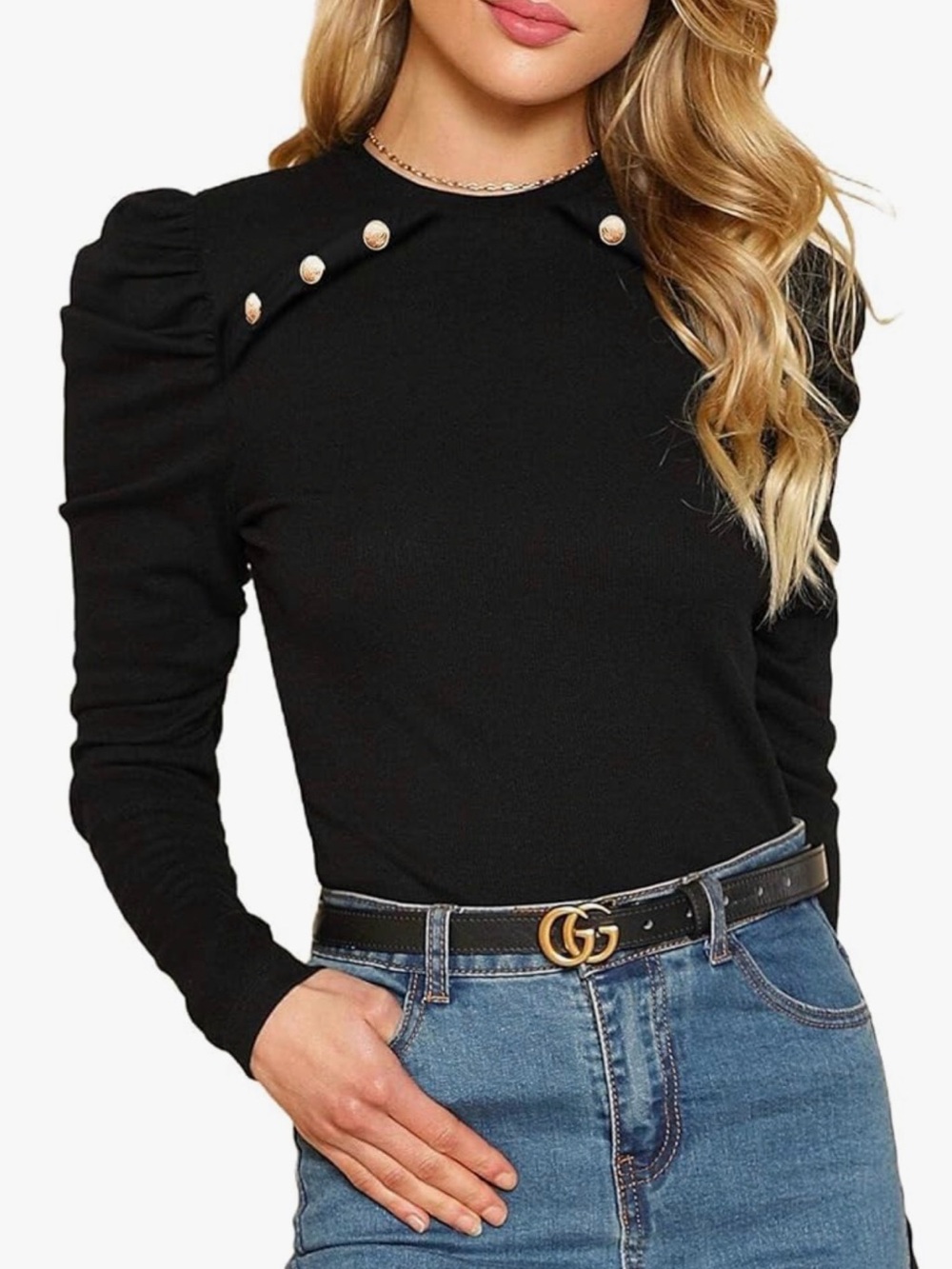 🎩 NEW Remidoo Women’s Black Puff-Sleeve Gold Button Accents - Slim Fit
